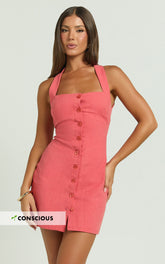 Ricki Mini Dress - Linen Halter Neck Shift Dress in Red